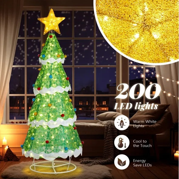 6FT Lighted Christmas Tree Yard Decorations, Pre-lit Pull Up Christmas Tree With 200 LED Warm White Lights And Ropes Stakes For Xmas Outdoor Holiday Indoor Decor Lighted Holiday Displays