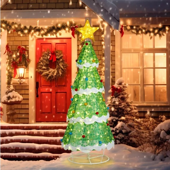 6FT Lighted Christmas Tree Yard Decorations, Pre-lit Pull Up Christmas Tree With 200 LED Warm White Lights And Ropes Stakes For Xmas Outdoor Holiday Indoor Decor Lighted Holiday Displays